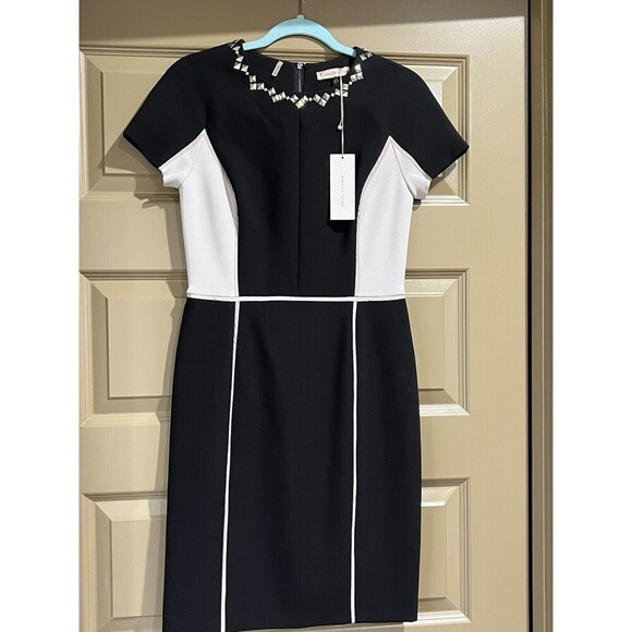 NWT Rebecca Taylor Two-Tone Crepe Colorblock Embellished Mini Black Dress - Picture 2 of 11